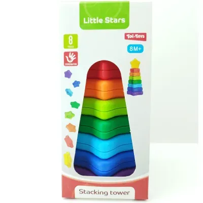 Brinquedo empilhável Little Stars colorido em caixa branca.