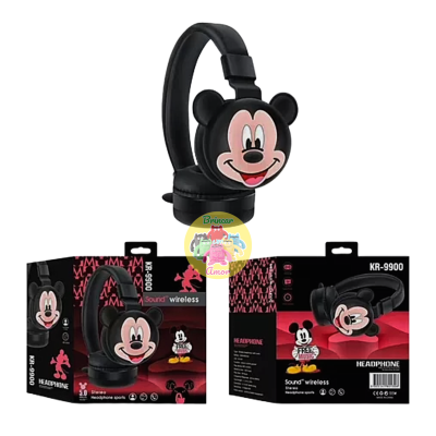 Auricular sem fios preto com cara do Mickey Mouse em relevo e sua embalagem
