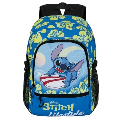 Mochila azul com personagem Stitch da Disney e padrão de folhas amarelas