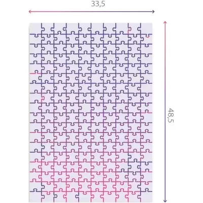 Puzzle retangular com padrão em rosa, roxo e branco e medidas 33,5x48,5 cm