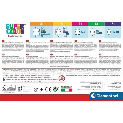 Embalagem de puzzles Clementoni com faixas coloridas e informações multilingues