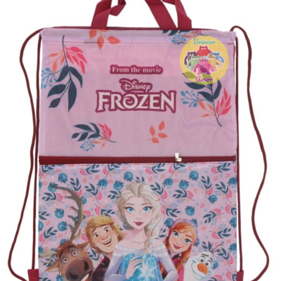 Mochila de cordão rosa com personagens do Frozen e textos Disney FROZEN