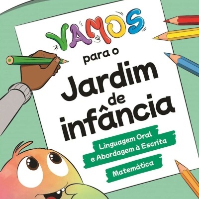 Capa de livro educativo para jardim de infância com texto colorido e personagem ilustrado