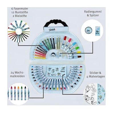 Conjunto de material artístico com vários lápis, marcadores, lápis de cera, borracha, afia e autocolantes numa mala branca com pega preta