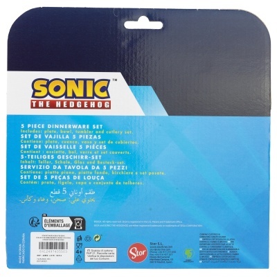Embalagem azul de conjunto de loiça Sonic the Hedgehog com texto multilingue