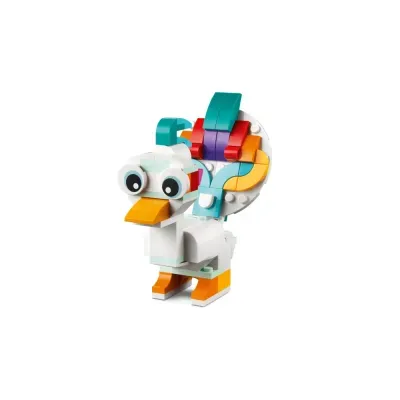 Brinquedo de montar em plástico com pato branco e cauda colorida.