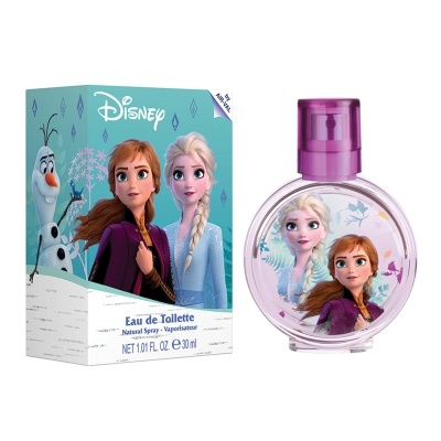 Eau de Toilette Disney Frozen com personagens Anna, Elsa e Olaf em embalagem e frasco