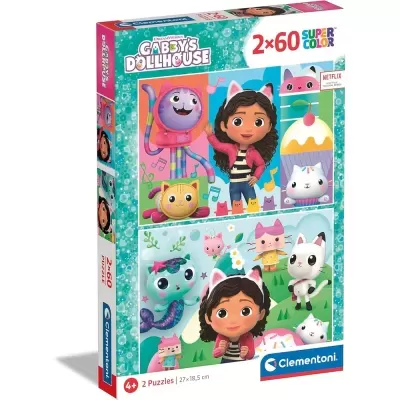 Caixa de dois puzzles Gabbys Dollhouse com personagens coloridas e dimensões 27x18,5 cm