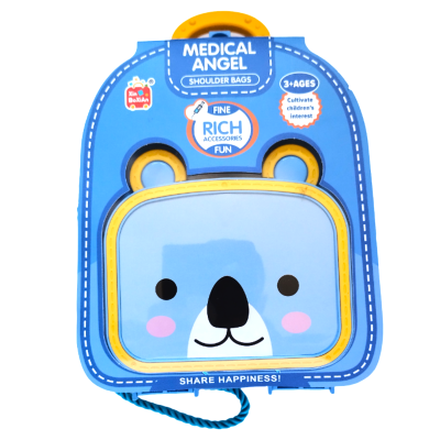 Mochila azul infantil com rosto de urso e texto em inglês