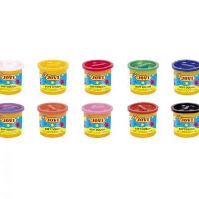 Dez potes de massa de modelar coloridos da marca JOVI com tampas coloridas