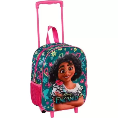 Mochila de carrinho infantil azul com alça rosa e imagem da Disney Encanto