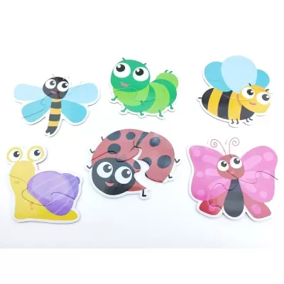 Seis puzzles em madeira com formas de insectos coloridos cartoon