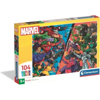 Caixa de puzzle Marvel 104 peças com ilustração de personagens e logótipos