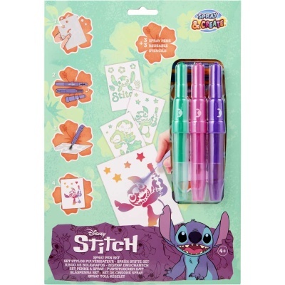 Conjunto de canetas de spray Disney Stitch com 4 cores, instruções e imagem do Stitch