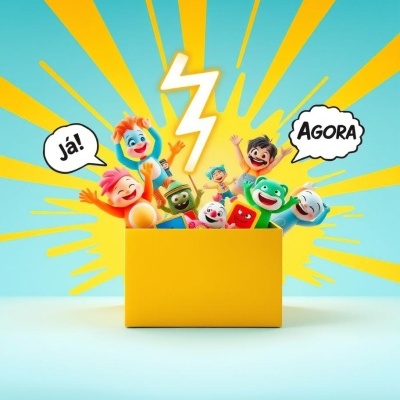 Caixa amarela com bonecos coloridos e balões de fala 'JÁ!' e 'AGORA'