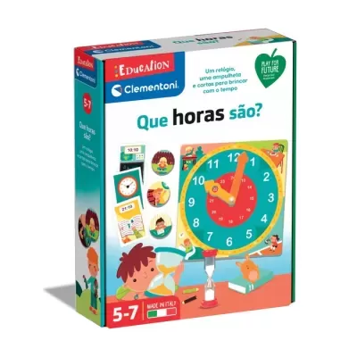 Caixa de brinquedo educativo Clementoni Que horas são? para crianças 5-7 anos com relógio e cartas