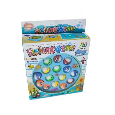 Jogo de pesca infantil com 15 peixes coloridos e 2 varas de pesca na embalagem