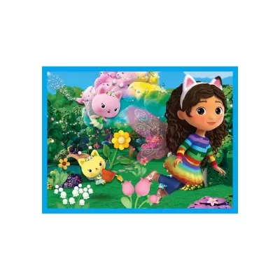 Personagens animados num jardim colorido com flores e árvores