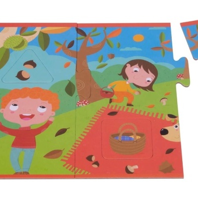 Puzzle infantil de cartão com ilustrações de crianças, cão, esquilo e elementos de outono.