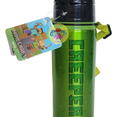 Garrafa térmica verde metálica com texto Creeper e etiqueta Minecraft