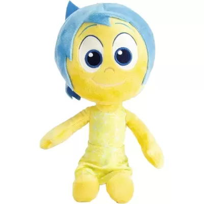 Boneco de peluche amarelo com cabelo azul e olhos grandes azuis sentado