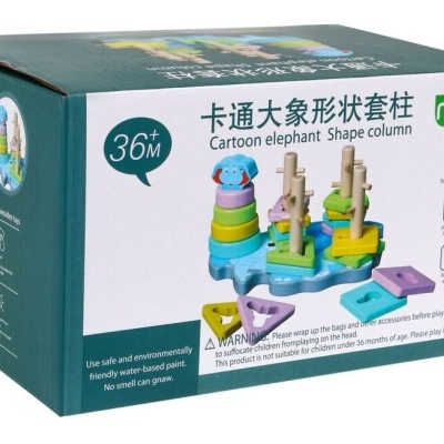 Caixa de jogo educativo de empilhar em plástico e madeira com peças coloridas e texto em inglês e chinês.