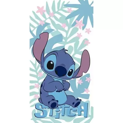 Ilustração do personagem Stitch sentado com fundo floral azul e rosa