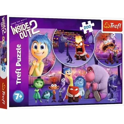 Caixa de puzzle Trefl Inside Out 2 com 200 peças e personagens coloridos do filme da Disney Pixar