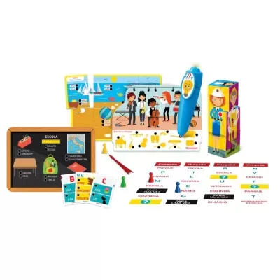 Brinquedo educativo com caneta eletrónica, cartões coloridos e figuras de personagens