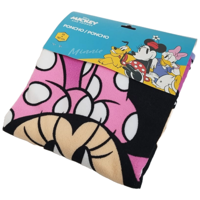 Poncho Disney Minnie enrolado com embalagem azul e personagens