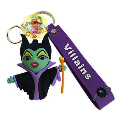 Porta-chaves de Maléfica e tira roxa com texto Villains