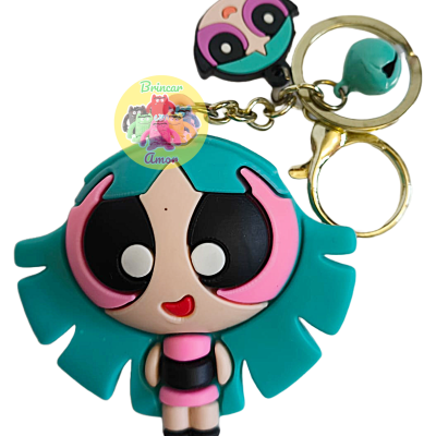 Porta-chaves com personagem de cabelo verde e rosto grande colorido