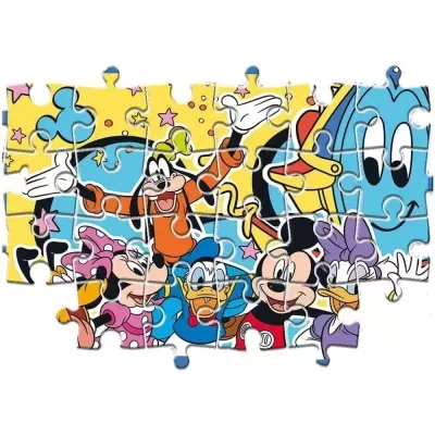Puzzle colorido com personagens Disney e fundo amarelo e azul.