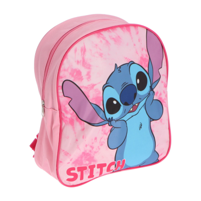 Mochila infantil rosa com personagem Stitch azul e padrão tie-dye