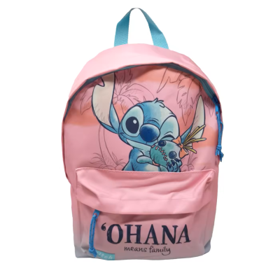 Mochila rosa com personagem Stitch e texto OHANA means family