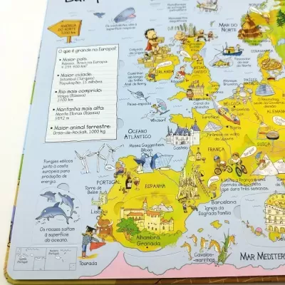 Mapa ilustrado colorido da Europa com desenhos e textos em português