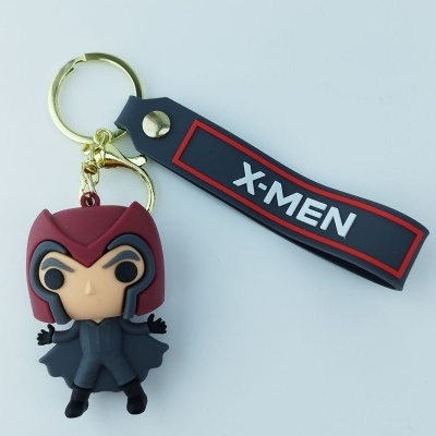 porta-chaves X-Men com figura de personagem e tira preta com texto