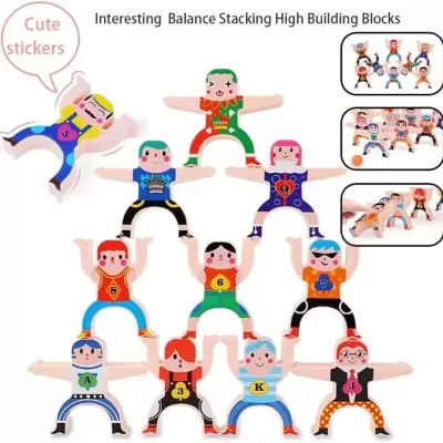 Blocos de construção empilháveis em forma de bonecos coloridos de madeira