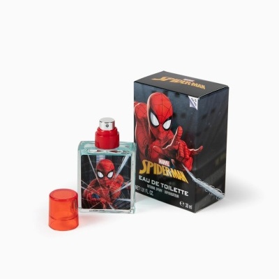 Frasco de Eau de Toilette Homem-Aranha com caixa preta ao lado