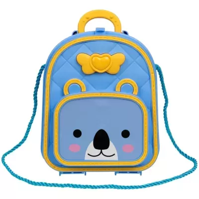 Mochila infantil azul com detalhes amarelos e formato de urso