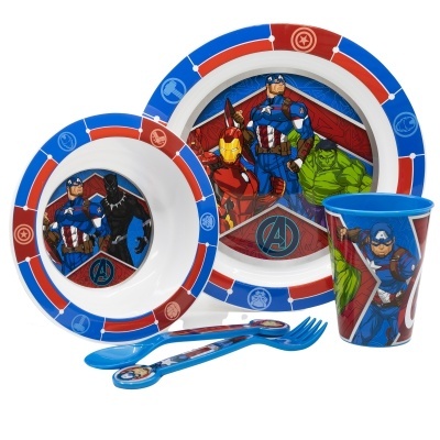 Conjunto de loiça infantil Avengers com pratos, copo e talheres coloridos