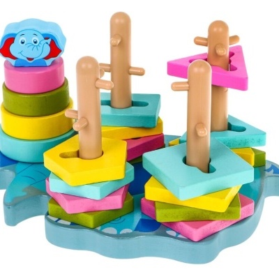 Brinquedo educativo de madeira com elefante e formas coloridas