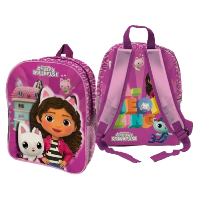 Mochila infantil cor-de-rosa com personagem e gato branco