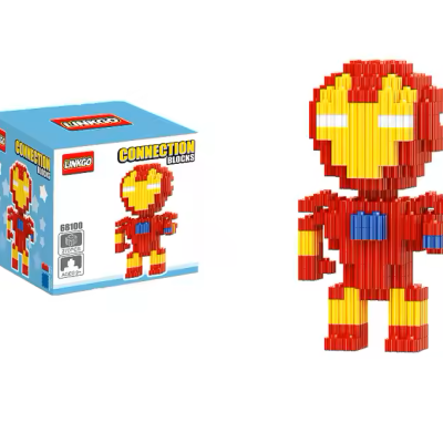 Boneco LEGO do Homem de Ferro vermelho e amarelo com caixa azul ao lado