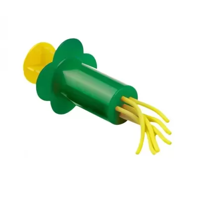 Utensílio verde cilíndrico com fios amarelos flexíveis numa extremidade sobre fundo branco