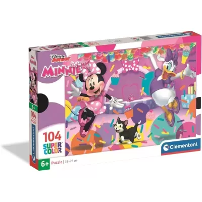 Caixa de puzzle Minnie 104 peças Clementoni temática de festa com figuras coloridas.