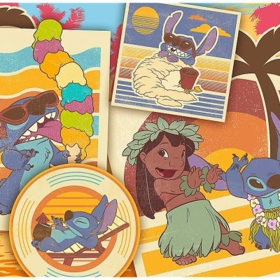 Desenhos do personagem Stitch em várias actividades coloridas, fundo com palmeiras e sol em tons quentes.