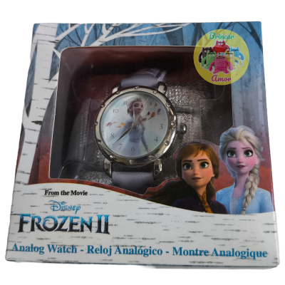 Relógio analógico Disney Frozen II em embalagem com personagens Anna e Elsa