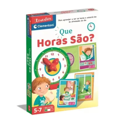 Jogo educativo com relógio e ilustrações para aprender as horas