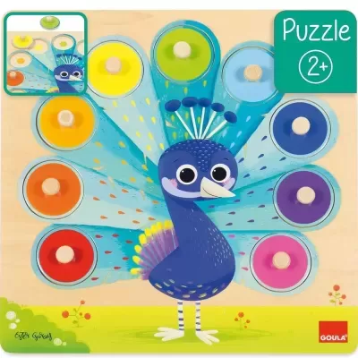 Quebra-cabeças de madeira infantil pavão colorido com peças destacáveis e texto Puzzle 2+